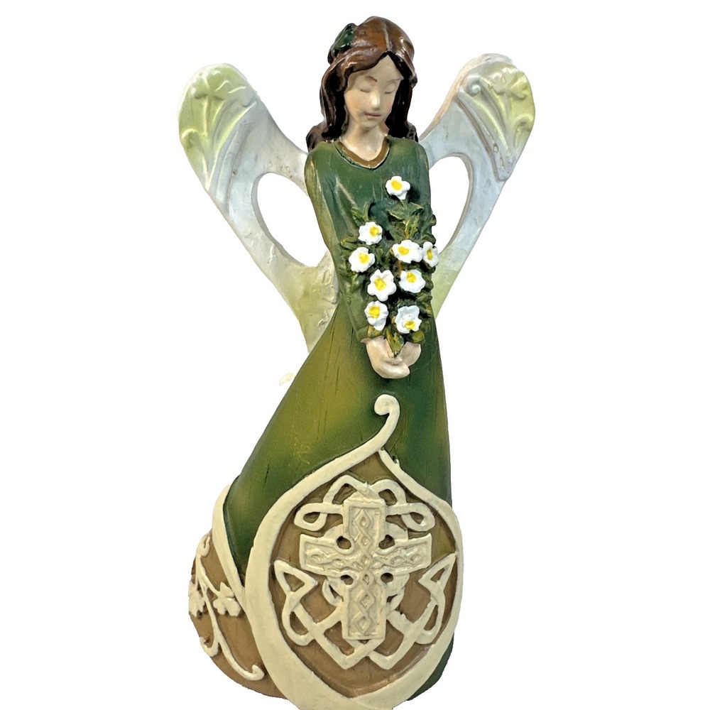 Roman 7" Irish Angel with Flowers Cross Woodcut Resin Figure No 62422 NWOB